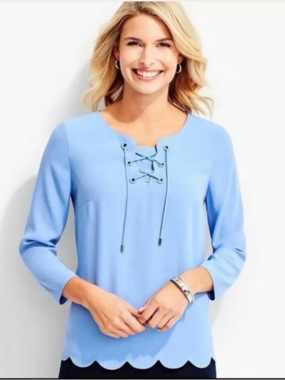 NEW Talbots Tie Front 3/4 Sleeve Scalloped Hem Blouse Periwinkle - Size XL